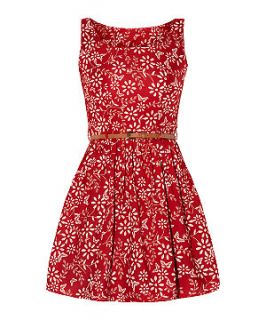 Mela Red Floral and Butterfly Print Belted Skater Dress