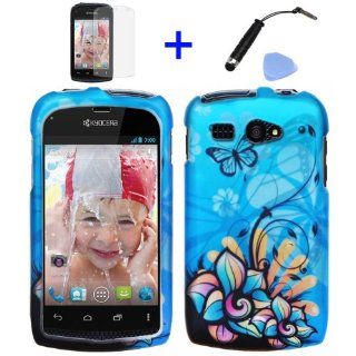 4 items Combo ITUFFY (TM) Mini Stylus Pen + LCD Screen Protector Film + Case Opener + Blue Butterfly Orange Pink Green Color Daisy Flower Design Rubberized Snap on Hard Shell Cover Faceplate Skin Phone Case for BOOST MOBILE KYOCERA HYDRO C5170 (will fit t