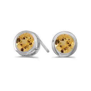14k White Gold Round Citrine Bezel Stud Earrings Jewelry