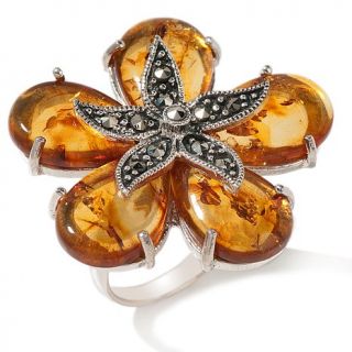 Age of Amber Honey Amber and Marcasite Flower Design Sterling Silver Ring
