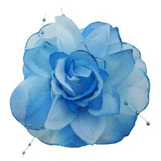 Blue Glitter & Beaded Accent Rose Flower Hair Jaw Clip Claw Double Sided Style Beauty