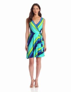 Sandra Darren Women's Sleeveless Faux Wrap Dress, Blue/Lime, 6