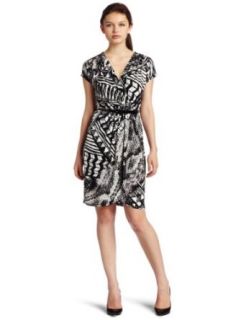 Donna Morgan Women's Short Sleeve Faux Wrap Dress, Black/White, 4