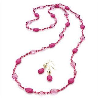 Light Pink Long Plastic Bead Necklace & Drop Earrings Set (Gold Tone)  124cm Length Jewelry
