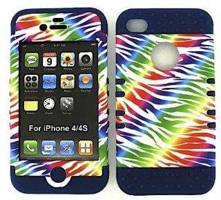 3 IN 1 HYBRID SILICONE COVER FOR APPLE IPHONE 4 4S HARD CASE SOFT DARK BLUE RUBBER SKIN ZEBRA DB TE164 KOOL KASE ROCKER CELL PHONE ACCESSORY EXCLUSIVE BY MANDMWIRELESS Cell Phones & Accessories