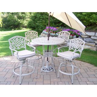 Oakland Living Beach Sand Elite Mississippi Cast Aluminum Swivel Bar Height Patio Dining Set with Tilting Umbrella and Stand   Seats 4   Patio Dining Sets