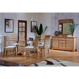 Hospitality Rattan Sea Breeze Indoor 8 Piece 42 x 72 in. Seagrass Dining Set   Natural   Indoor Wicker Furniture