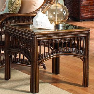 Hospitality Rattan St. Lucia Rattan & Wicker End Table with Glass   Antique   Indoor Wicker Furniture