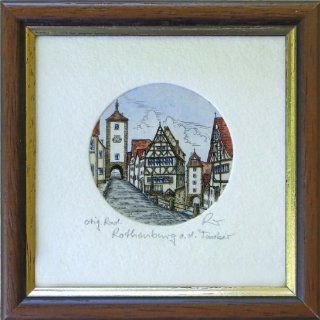 Rothenburg ob der Tauber Original Radierung von Kurt Ries gerahmt in Echtholzrahmen mit Goldkante 10x10cm aus der Serie Stadtmotive der Edition RIES Küche & Haushalt