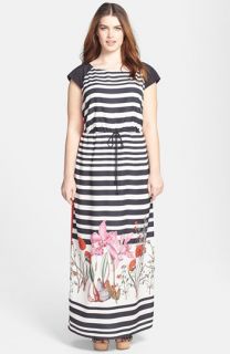 Ivy & Blu Stripe & Flowers Raglan Cap Sleeve Maxi Dress (Plus Size)