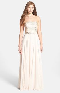 Xscape Lace Up Back Embellished Bustier Chiffon Gown