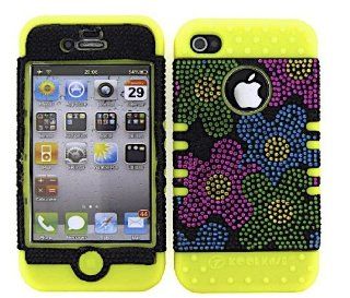 3 IN 1 HYBRID SILICONE COVER FOR APPLE IPHONE 4 4S HARD CASE SOFT YELLOW RUBBER SKIN FLOWERS YE FD184 KOOL KASE ROCKER CELL PHONE ACCESSORY EXCLUSIVE BY MANDMWIRELESS Cell Phones & Accessories