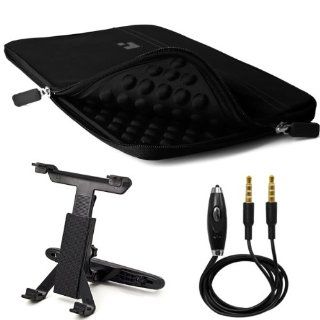 (Black) SumacLife Microsuede Sleeve w/ Neoprene Bubble Padding for Samsung Galaxy Tab 3 10.1 (Wi Fi) Android Tablet (GT P5210) + Universal Adjustable Headrest Mount + 3.5mm Stereo Auxiliary Audio Cable With Built In Microphone & on/off Switch + SumacLi