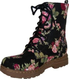 Carrini "52 270" Black Pink Flower Print Ankle High Combat Boots Laces Shoes
