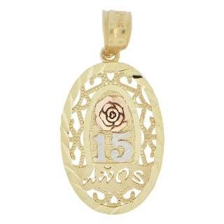 14k Tricolor Gold, Mis 15 Anos Quinceanera Pendant Charm Classic Oval Filigree Rose Design Sparkly Cuts Jewelry