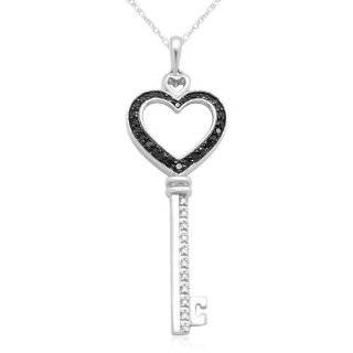 10k White Gold Black and White Diamond Heart Key Pendant Necklace (1/4 cttw, I J Color, I2 I3 Clarity), 18'' Jewelry