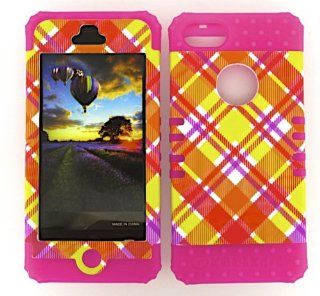 3 IN 1 HYBRID SILICONE COVER FOR APPLE IPHONE 5 HARD CASE SOFT HOT PINK RUBBER SKIN PLAID MA TE337 KOOL KASE ROCKER CELL PHONE ACCESSORY EXCLUSIVE BY MANDMWIRELESS Cell Phones & Accessories