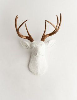 The Lydia  Resin Deer Head  White Deer Head w/ Bronze Metallic Antlers Wall Decor  Stag Head Wall Mount  Faux Taxidermy  Animal Head Wall Hanging Sculpture  Animal Mounts  Trophy Taxidermy  