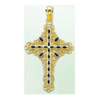 14k Gold Religious Necklace Charm Pendant, Blue Enamel Filigree Cross Million Charms Jewelry