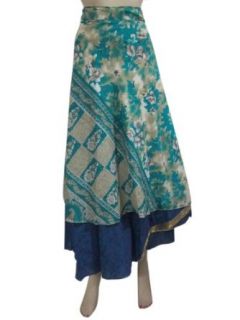 Long Wrap Skirt Green Printed Reversible Vintage Sari Sarong Skirts Dress Clothing