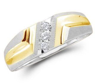 10k White and Yellow Two 2 Tone Gold Three 3 Stone Satin Finish Channel Set Round Cut Mens Diamond Wedding Ring Band 7mm (1/10 cttw) Jewelry