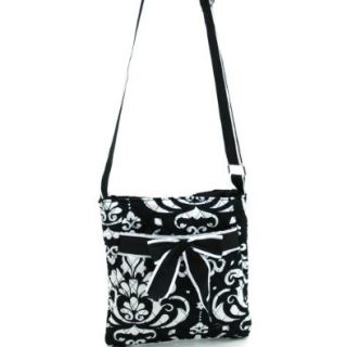 Designer Inspired Quilted Damask Print Messenger Bag w/ Ribbon Accents Black Trim Shoes