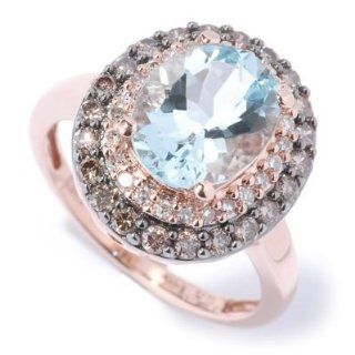 14K Rose Gold Aquamarine & White / Chocolate Diamond Ring Jewelry