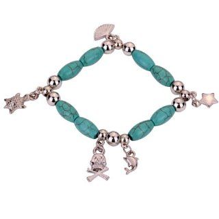 Yazilind Chap Turquoise Beads Tibetan Silver Dolphin Skull Stretch Bangle Bracelet YAZILIND JEWELRY LTD Jewelry