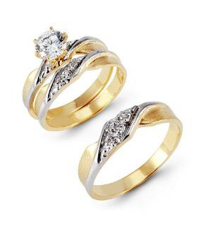 Twisted 14k Two Tone Gold CZ Cluster Wedding Ring Set Jewelry