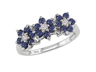 10K White Gold 1 Carat Blue and White Sapphire Flower Ring w/Diamond Accent