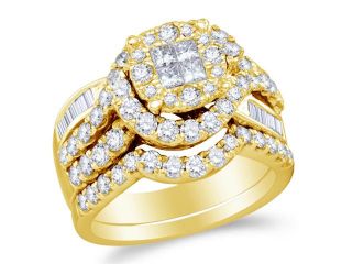 14K Yellow Gold Diamond Halo Engagement Ring W/ Matching Band 2 Ring Set   Square Princess Shape Center Setting w/ Invisible Channel Set Princess, Round, & Baguette Diamonds   (1.76 cttw, G H, SI2)