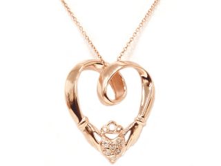 Claddagh Real Diamond Pave Pendant Necklace Solid 14K Rose Gold Womens Irish