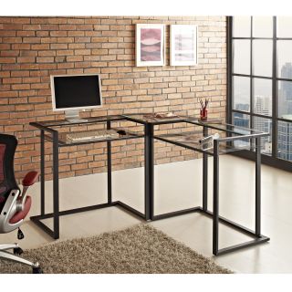 Black Metal And Glass Corner Computer Desk (Black and clearMaterials Tempered safety glass, steelFinish BlackPolished and beveled, tempered safety glassDurable steel frame with powder coated finishSpace saving L shape designCustom C frame with flat meta