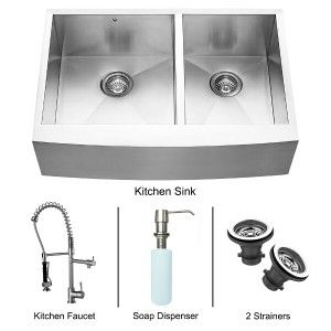 VIGO Industries VG15089 Kitchen Sink Set, Farmhouse Sink, Faucet, Two Strainers & Dispenser   Stainless Steel