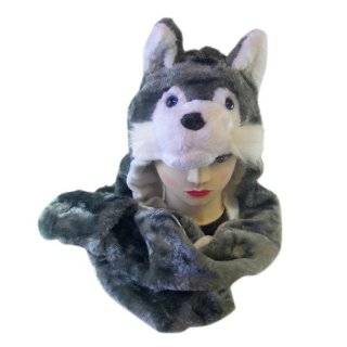 Plush Wolf Animal Hat   Wolf Hat with Ear Flaps and Hand Pockets