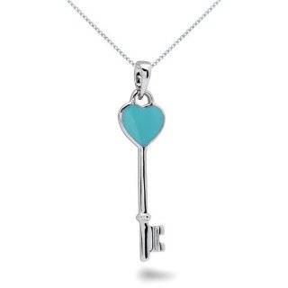  Sterling Silver Tiffany Style Turquoise Heart Key Necklace 