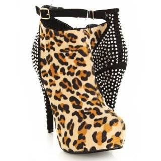 Leopard Print Fleece Gemstone Studded Ankle Bootie Heels