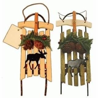  Wooden Sled with Moose Ornaments (6 pc Set) 6 inch