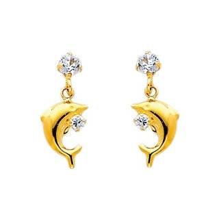 14K Yellow Gold Dolphin CZ Drop Stud Earrings for Children